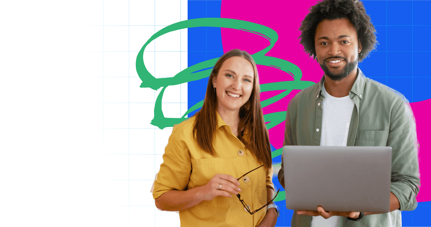 Woman with glasses and man holding laptop