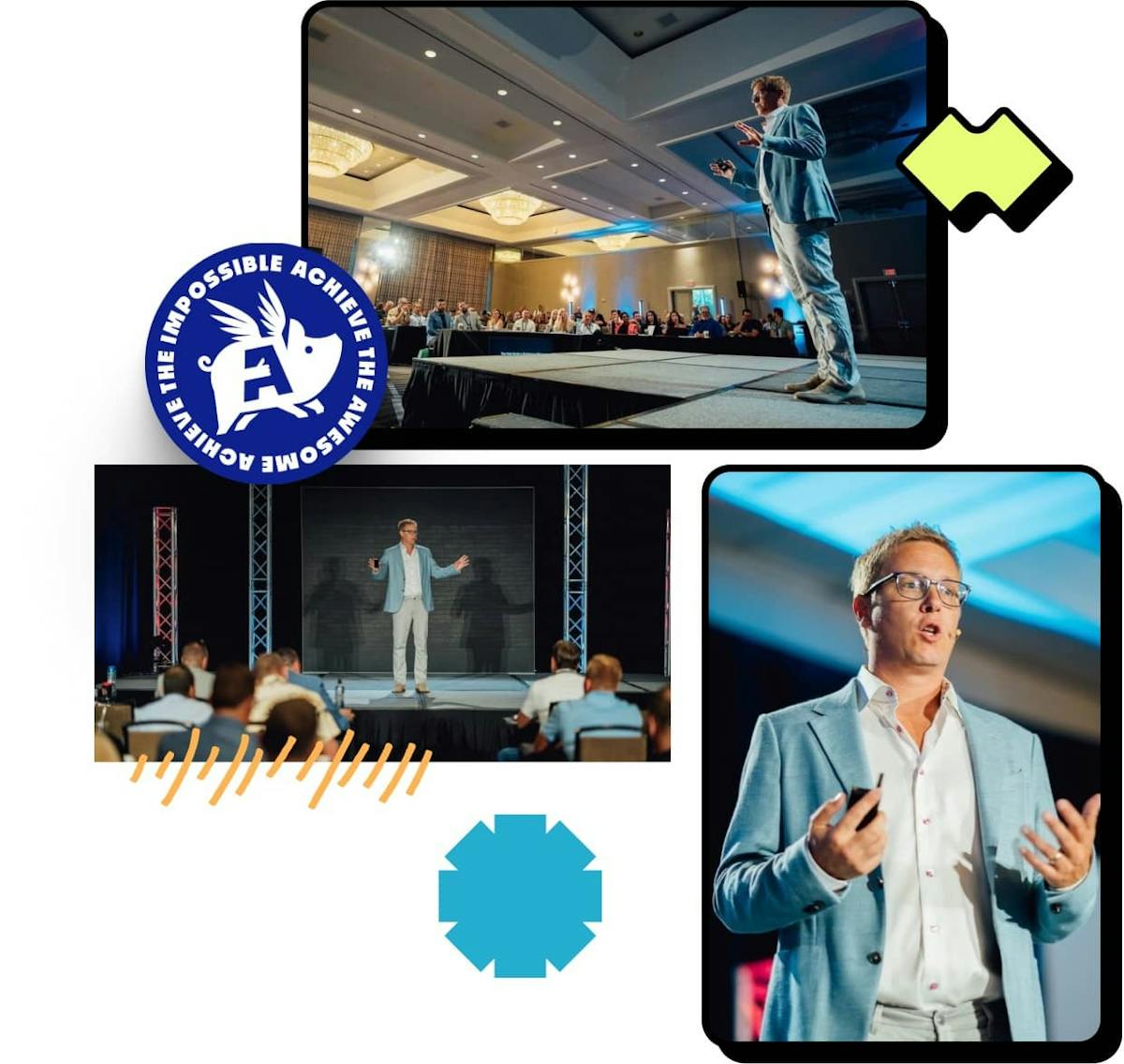 Three photos of Patrick Riddle speaking at a conference, with each photo surronded by decorative graphics