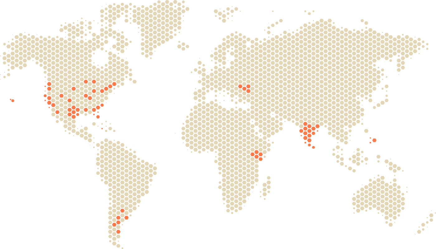 Map of the world made of dots, where several highlighted dots denote locations of team members